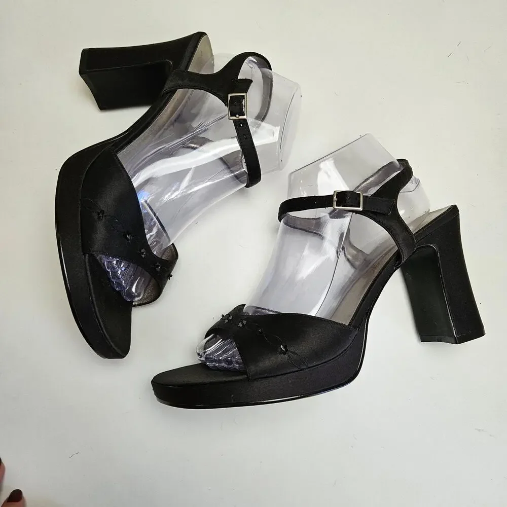 Y2K Unlisted Wedge Heels Women's 10 Black Satin Sequin Ankle Strap‎ Sandals